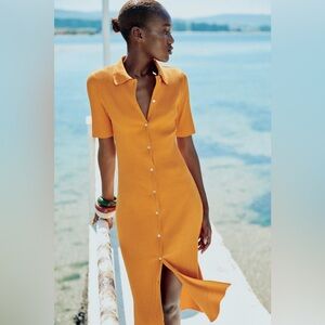 Orange Ribbed Button-Down Dress